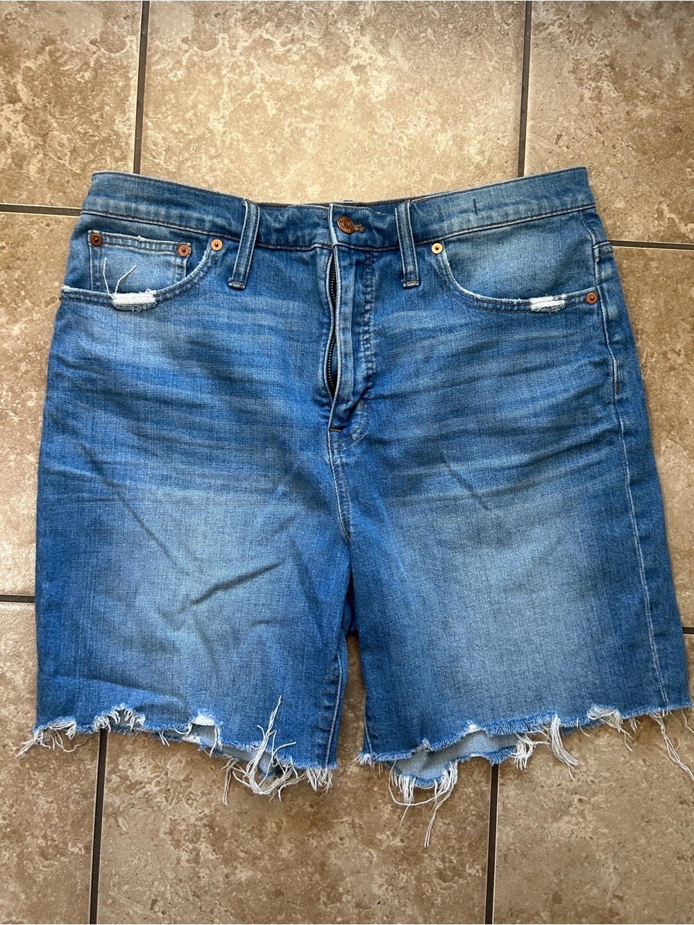 Madewell Women's Distressed Denim Shorts High Rise Mid Length- Blue